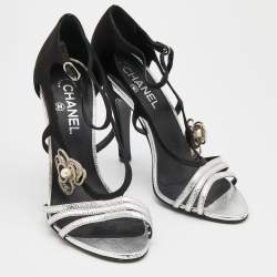 Chanel Black/Silver Satin and Karung Embellished Ankle Strap Sandals Size 39.5