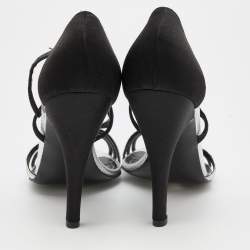 Chanel Black/Silver Satin and Karung Embellished Ankle Strap Sandals Size 39.5