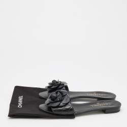 Pre Owned Chanel Black Quilted Leather Camelia Embellished Flat Slides Size 39