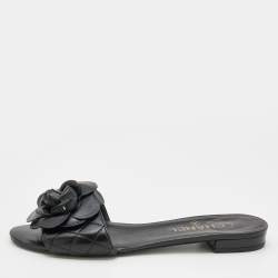 Pre Owned Chanel Black Quilted Leather Camelia Embellished Flat Slides Size 39