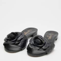 Pre Owned Chanel Black Quilted Leather Camelia Embellished Flat Slides Size 39