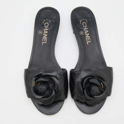 Pre Owned Chanel Black Quilted Leather Camelia Embellished Flat Slides Size 39