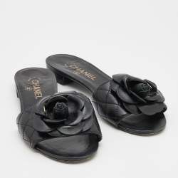 Pre Owned Chanel Black Quilted Leather Camelia Embellished Flat Slides Size 39