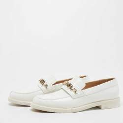 Chanel White Leather Logo Chain Slip On Loafers Size 38