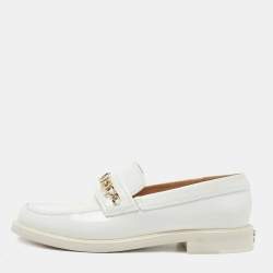 Chanel White Leather Logo Chain Slip On Loafers Size 38