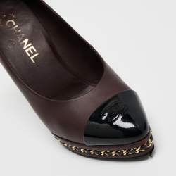 Pre Owned Chanel Burgundy/Black Leather CC Cap Toe Chain Detail Platform Pumps Size 38.5