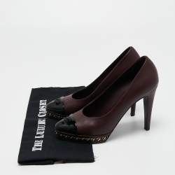 Pre Owned Chanel Burgundy/Black Leather CC Cap Toe Chain Detail Platform Pumps Size 38.5