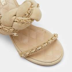 Pre Owned Chanel Beige Suede Braided Chain Embellished Ankle Strap Sandals Size 37.5