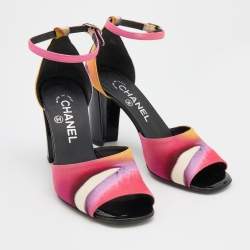 Chanel Multicolor Printed Fabric Ankle Strap Sandals Size 37