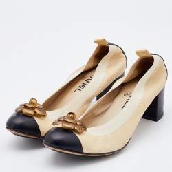 Pre Owned Chanel Beige Textured Leather Camelia Embellished Scrunch Pumps Size 37