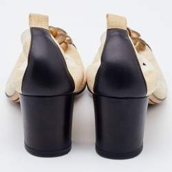 Pre Owned Chanel Beige Textured Leather Camelia Embellished Scrunch Pumps Size 37