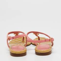 Pre Owned Chanel Pink/Gold Leather Quilted CC Thong Sandals Size 38