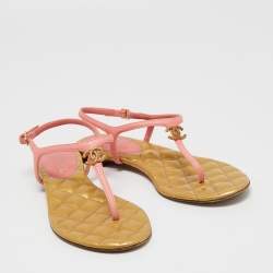 Pre Owned Chanel Pink/Gold Leather Quilted CC Thong Sandals Size 38