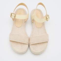 Pre Owned Chanel Cream Patent Leather and Rope Interlocking CC Logo Espadrille Ankle Strap Sandals Size 40