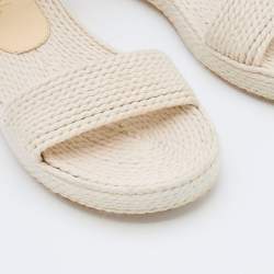 Pre Owned Chanel Cream Patent Leather and Rope Interlocking CC Logo Espadrille Ankle Strap Sandals Size 40