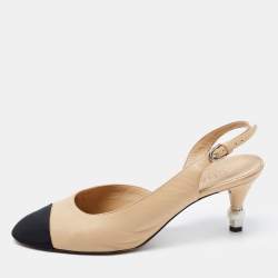 Pre Owned Chanel Beige/Black CC Cap Toe Pearl Heel Slingback Pumps Size 38