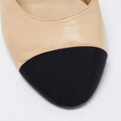 Pre Owned Chanel Beige/Black CC Cap Toe Pearl Heel Slingback Pumps Size 38