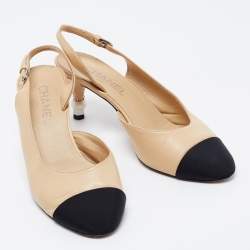 Pre Owned Chanel Beige/Black CC Cap Toe Pearl Heel Slingback Pumps Size 38