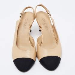 Pre Owned Chanel Beige/Black CC Cap Toe Pearl Heel Slingback Pumps Size 38