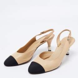 Pre Owned Chanel Beige/Black CC Cap Toe Pearl Heel Slingback Pumps Size 38