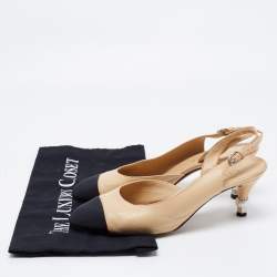Pre Owned Chanel Beige/Black CC Cap Toe Pearl Heel Slingback Pumps Size 38