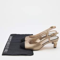 Pre Owned Chanel Metallic Beige/Black Leather and Fabric CC Cap Toe Slingback Pumps Size 37.5