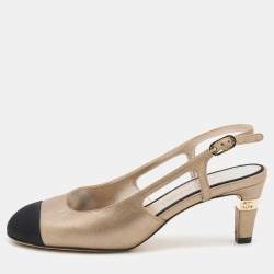 Chanel Metallic Beige/Black Leather and Fabric CC Cap Toe Slingback Pumps  Size 37.5 Chanel