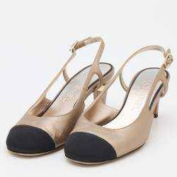 Pre Owned Chanel Metallic Beige/Black Leather and Fabric CC Cap Toe Slingback Pumps Size 37.5