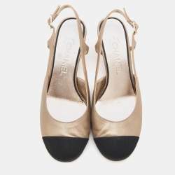Pre Owned Chanel Metallic Beige/Black Leather and Fabric CC Cap Toe Slingback Pumps Size 37.5