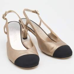Pre Owned Chanel Metallic Beige/Black Leather and Fabric CC Cap Toe Slingback Pumps Size 37.5