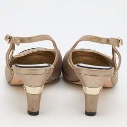 Pre Owned Chanel Metallic Beige/Black Leather and Fabric CC Cap Toe Slingback Pumps Size 37.5