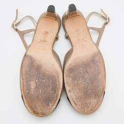 Pre Owned Chanel Metallic Beige/Black Leather and Fabric CC Cap Toe Slingback Pumps Size 37.5
