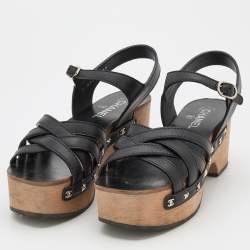 Chanel Black Leather Embellished Criss Cross Ankle Strap Platform Clog Sandals Size 39