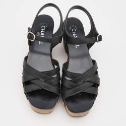 Chanel Black Leather Embellished Criss Cross Ankle Strap Platform Clog Sandals Size 39