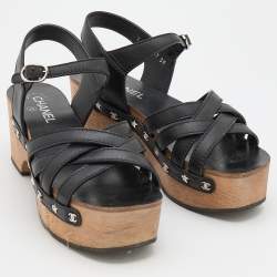 Chanel Black Leather Embellished Criss Cross Ankle Strap Platform Clog Sandals Size 39