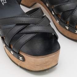Chanel Black Leather Embellished Criss Cross Ankle Strap Platform Clog Sandals Size 39
