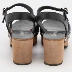 Chanel Black Leather Embellished Criss Cross Ankle Strap Platform Clog Sandals Size 39