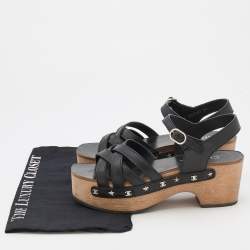 Chanel Black Leather Embellished Criss Cross Ankle Strap Platform Clog Sandals Size 39