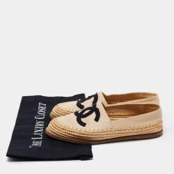 Chanel Beige/Black Leather and Woven Raffia CC Espadrille Flats Size 36