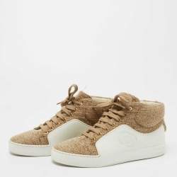 Pre Owned Chanel White/Gold Tweed and Leather CC High Top Sneakers Size 36.5