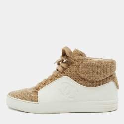 Pre Owned Chanel White/Gold Tweed and Leather CC High Top Sneakers Size 36.5