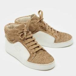 Pre Owned Chanel White/Gold Tweed and Leather CC High Top Sneakers Size 36.5