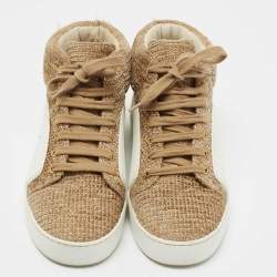 Pre Owned Chanel White/Gold Tweed and Leather CC High Top Sneakers Size 36.5