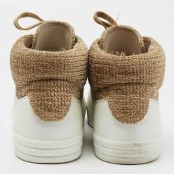 Pre Owned Chanel White/Gold Tweed and Leather CC High Top Sneakers Size 36.5