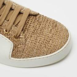 Pre Owned Chanel White/Gold Tweed and Leather CC High Top Sneakers Size 36.5