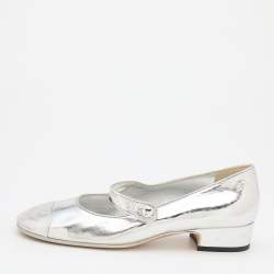 Chanel Metallic Silver Leather CC Cap Toe Mary Jane Pumps Size 38