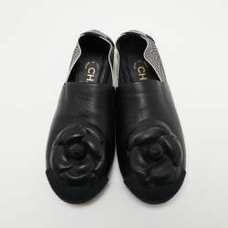 Pre Owned Chanel Two Tone Leather and Elastic Cap Toe Camellia Flower Ballet Flats Size 37