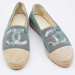 Pre Owned Chanel White/Turquoise Tweed/Canvas and Sequins CC Espadrilles Size 38