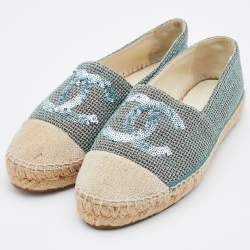 Pre Owned Chanel White/Turquoise Tweed/Canvas and Sequins CC Espadrilles Size 38