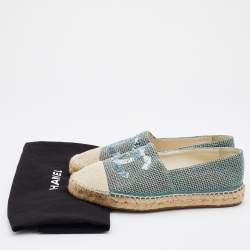 Pre Owned Chanel White/Turquoise Tweed/Canvas and Sequins CC Espadrilles Size 38